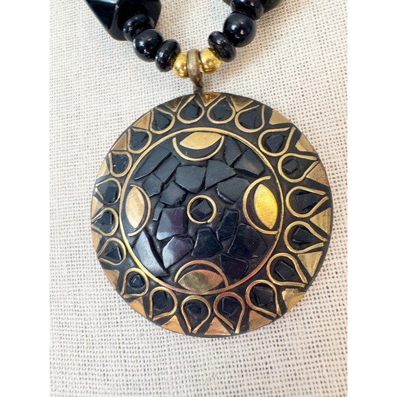 Vintage Brass Inlay Black Chunky Bohemian Necklace Large Pendant Tribal Ethnic - Picture 9 of 13